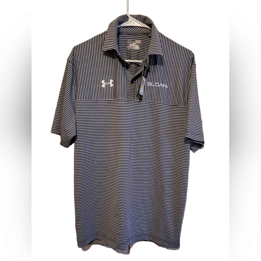 Men's Under Armour Heat Gear Polo Shirt Blue Gray Striped Sloan Logo Size Medium
